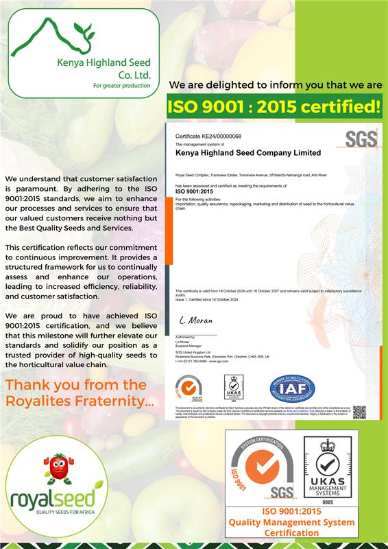 Kenya Highland achieved ISO 9001 : 2015 Certificate